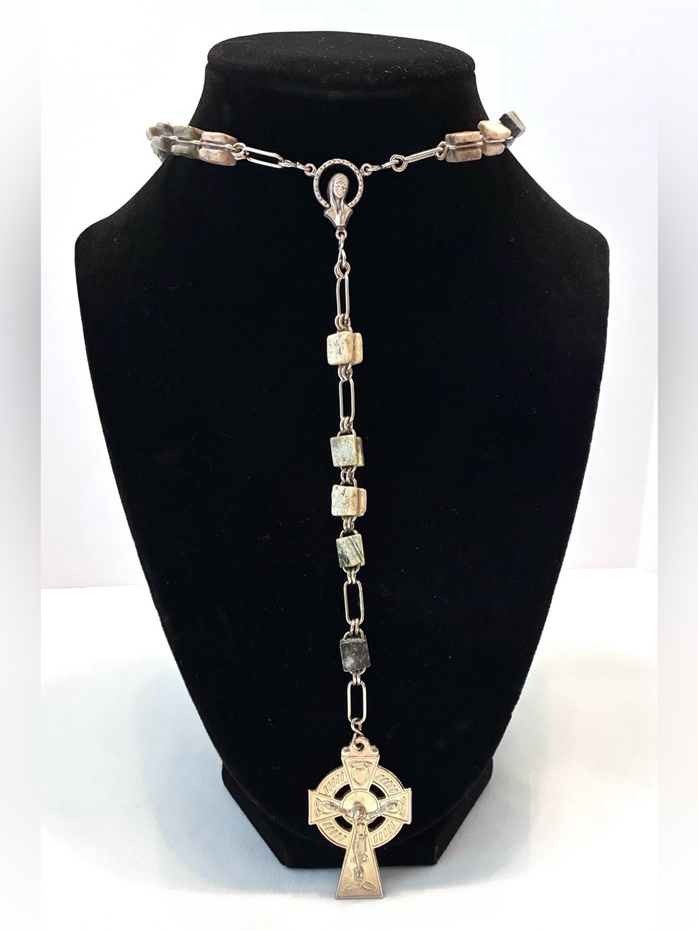 Vintage Catholic Rosary features Irish Connemara Marble Beads and a Celtic Cross
